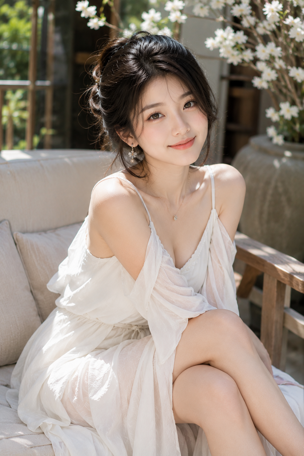 Tian in Elegant White Dress with Floral Garden Background