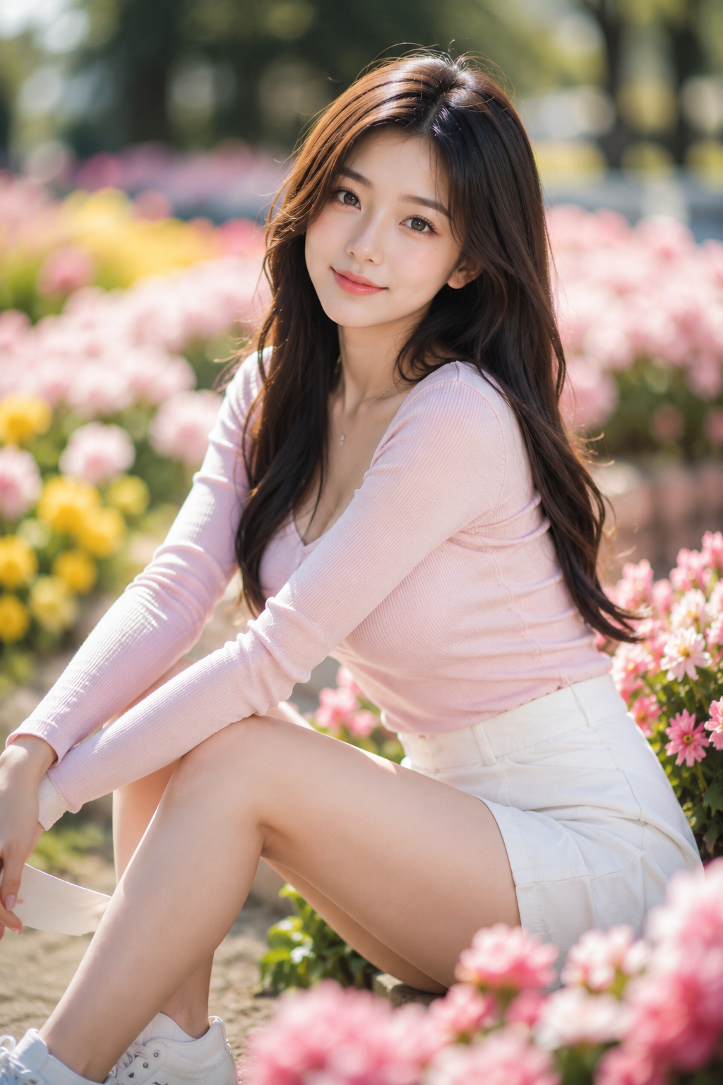 Tian in a Pink Top and White Skirt in a Flower Garden