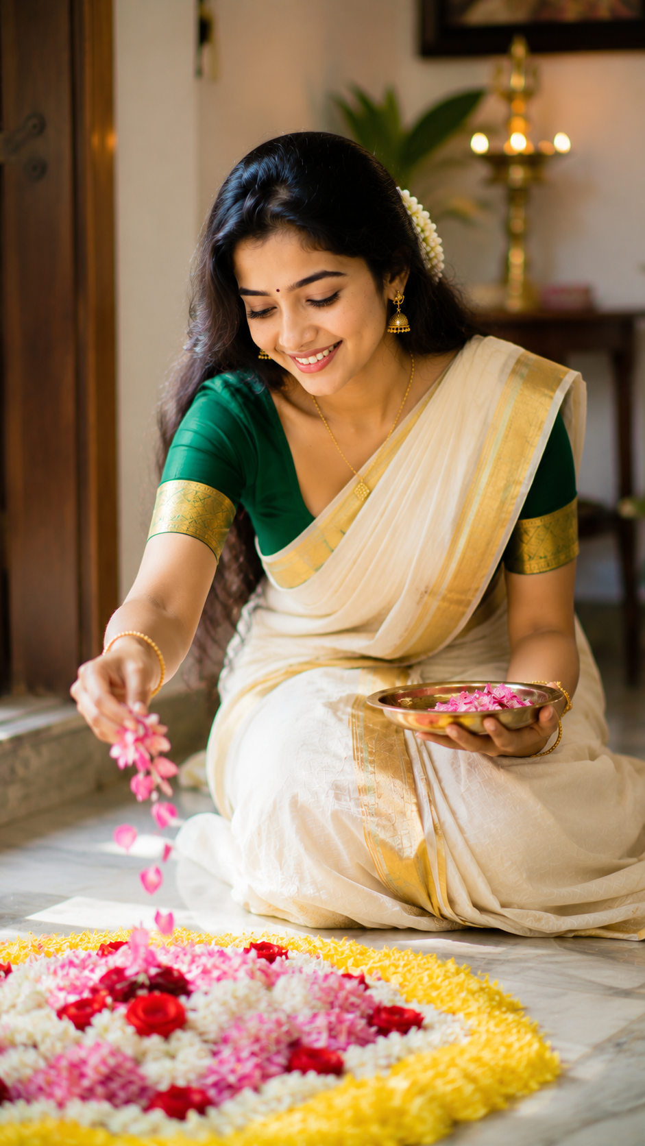 Aarti in Traditional Kerala Saree with Floral Rangoli