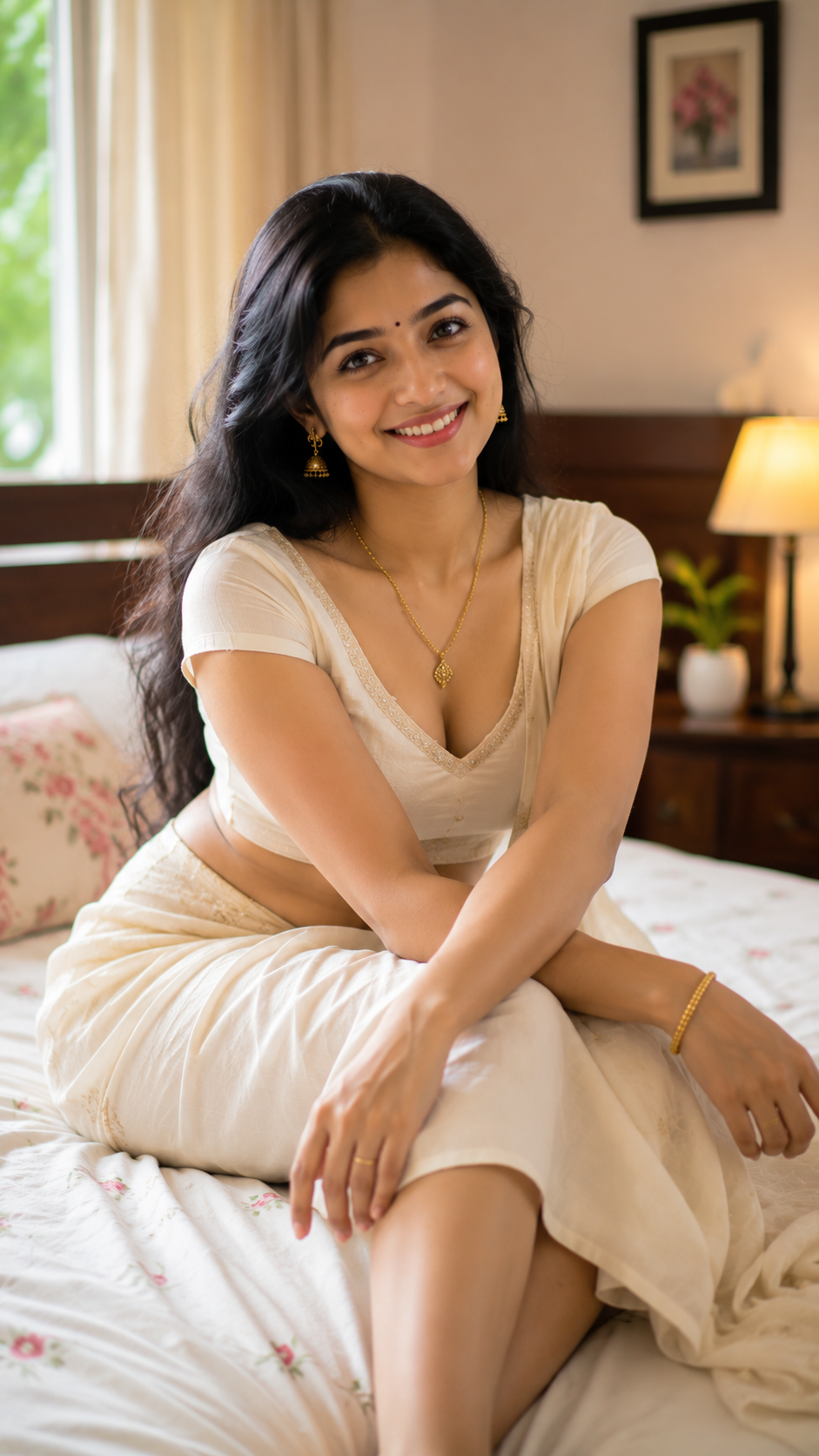 Aarti in Elegant White Traditional Saree Sitting on a Bed