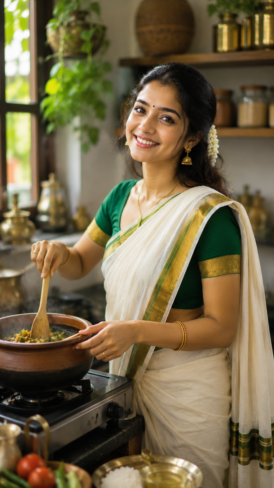 Aarti Cooking Traditional Indian Food in a White and Green Saree