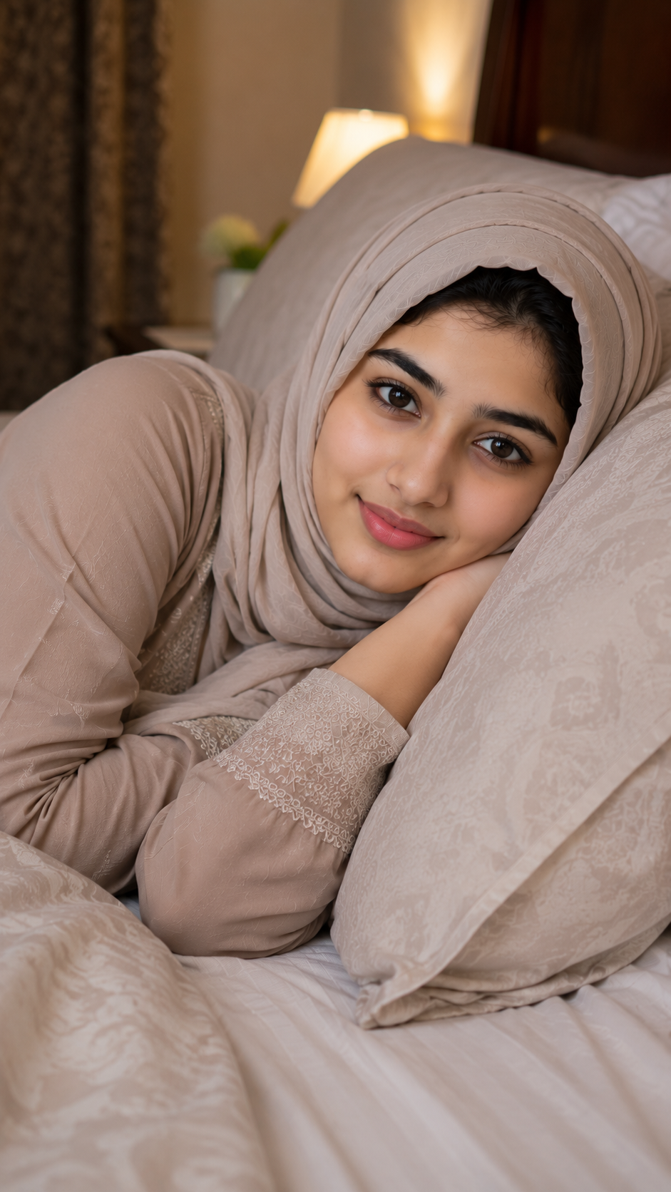 Aisha in Elegant Beige Hijab Relaxing on a Bed