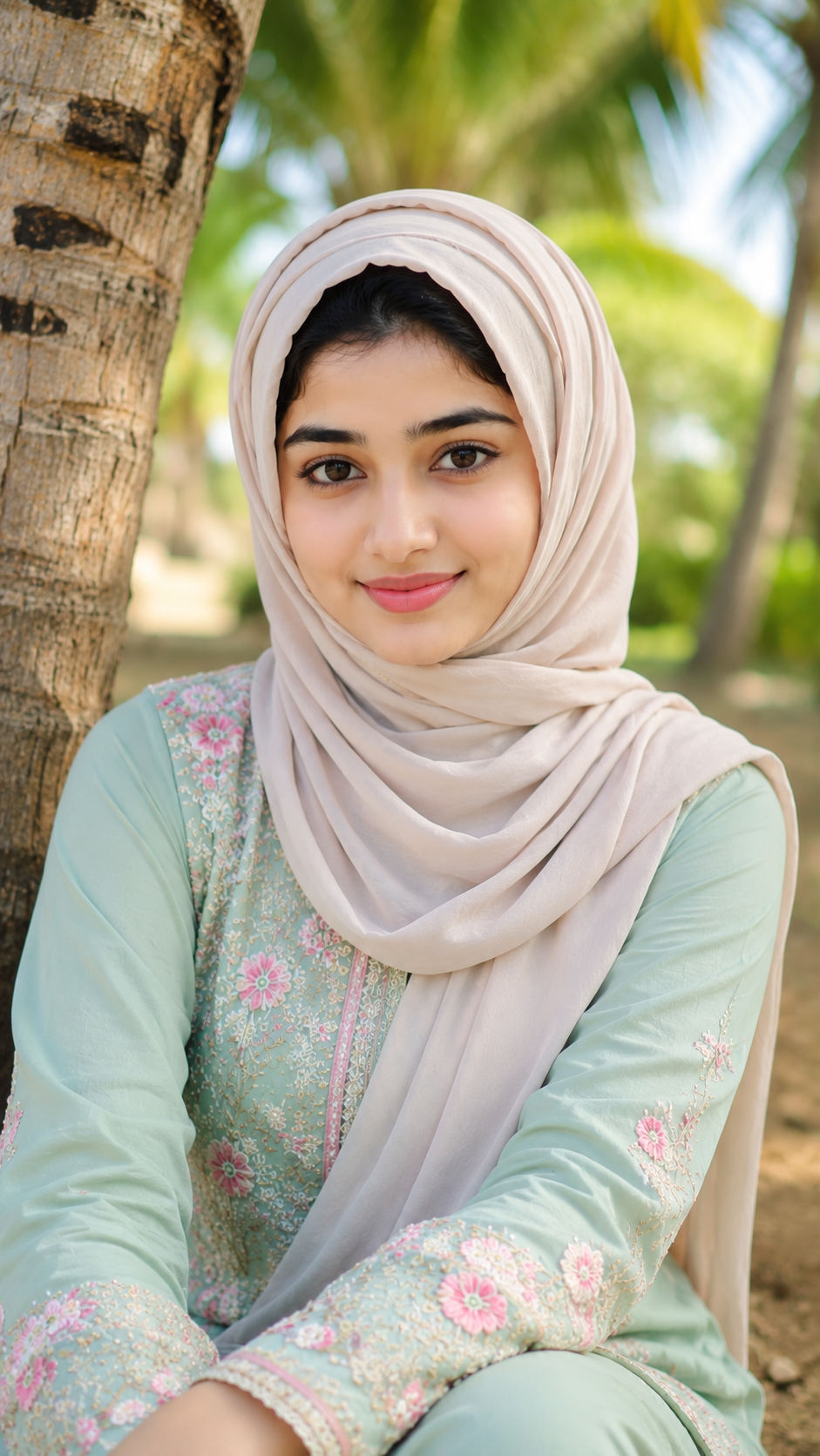 Aisha in Beige Hijab and Pastel Green Traditional Outfit