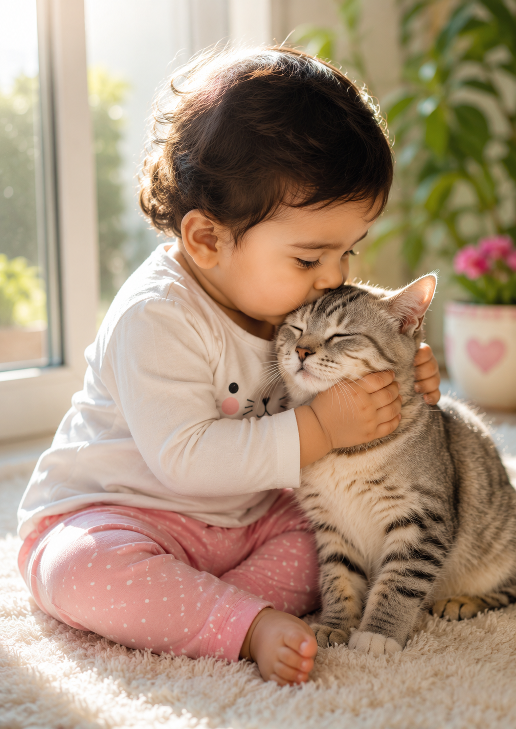 Cute Baby Girl Kissing and Hugging a Tabby Cat