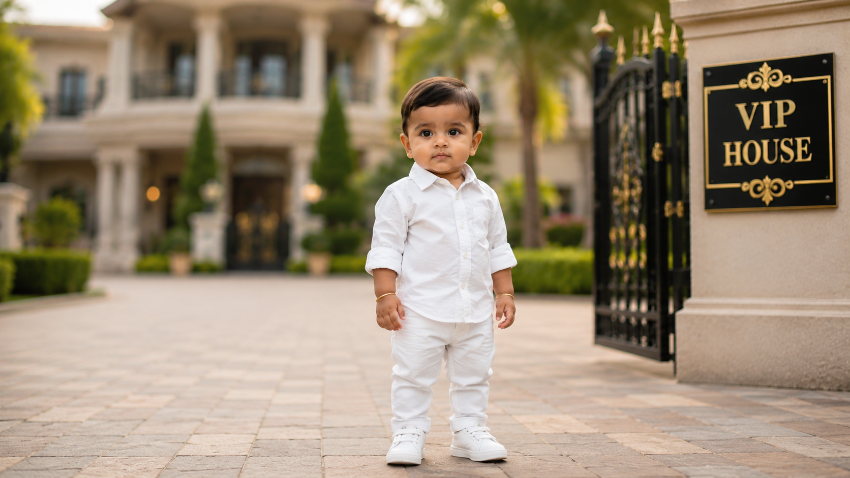 Cute Baby Boy Standing in Front of a Luxury VIP House
