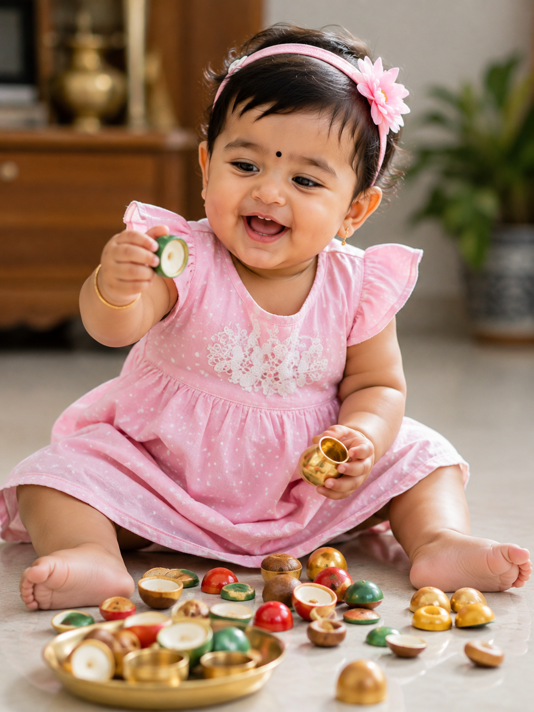 Cute Baby Girl Playing with Colorful Traditional Toys