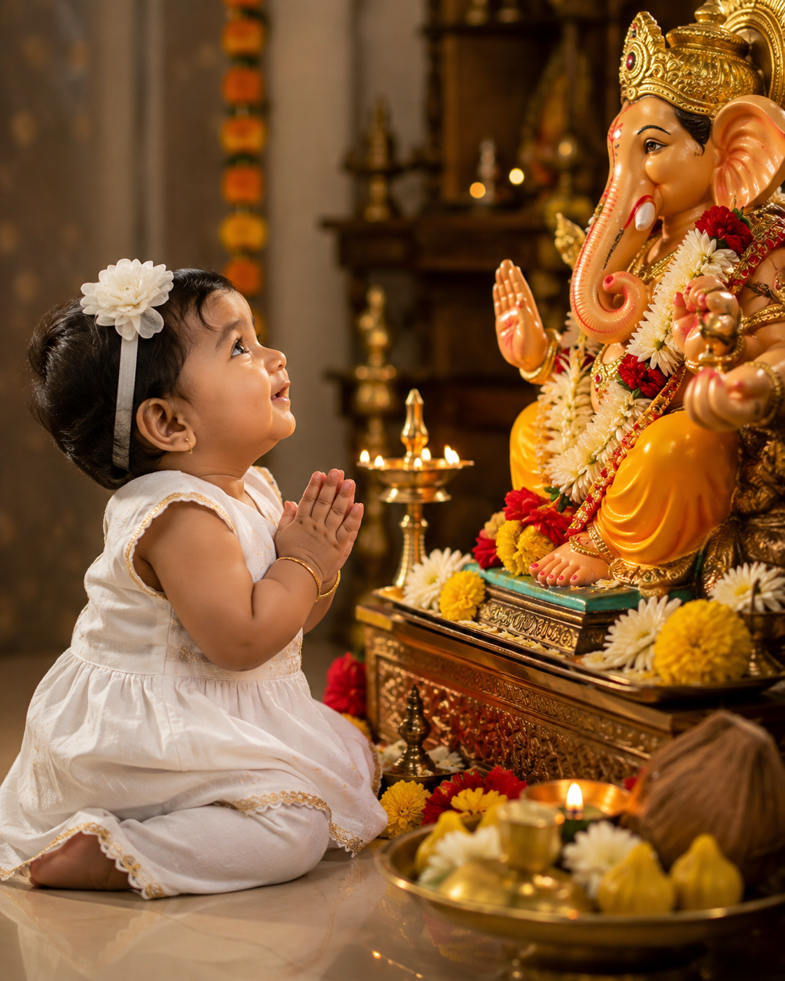 Cute Baby Girl Praying to Lord Ganesha