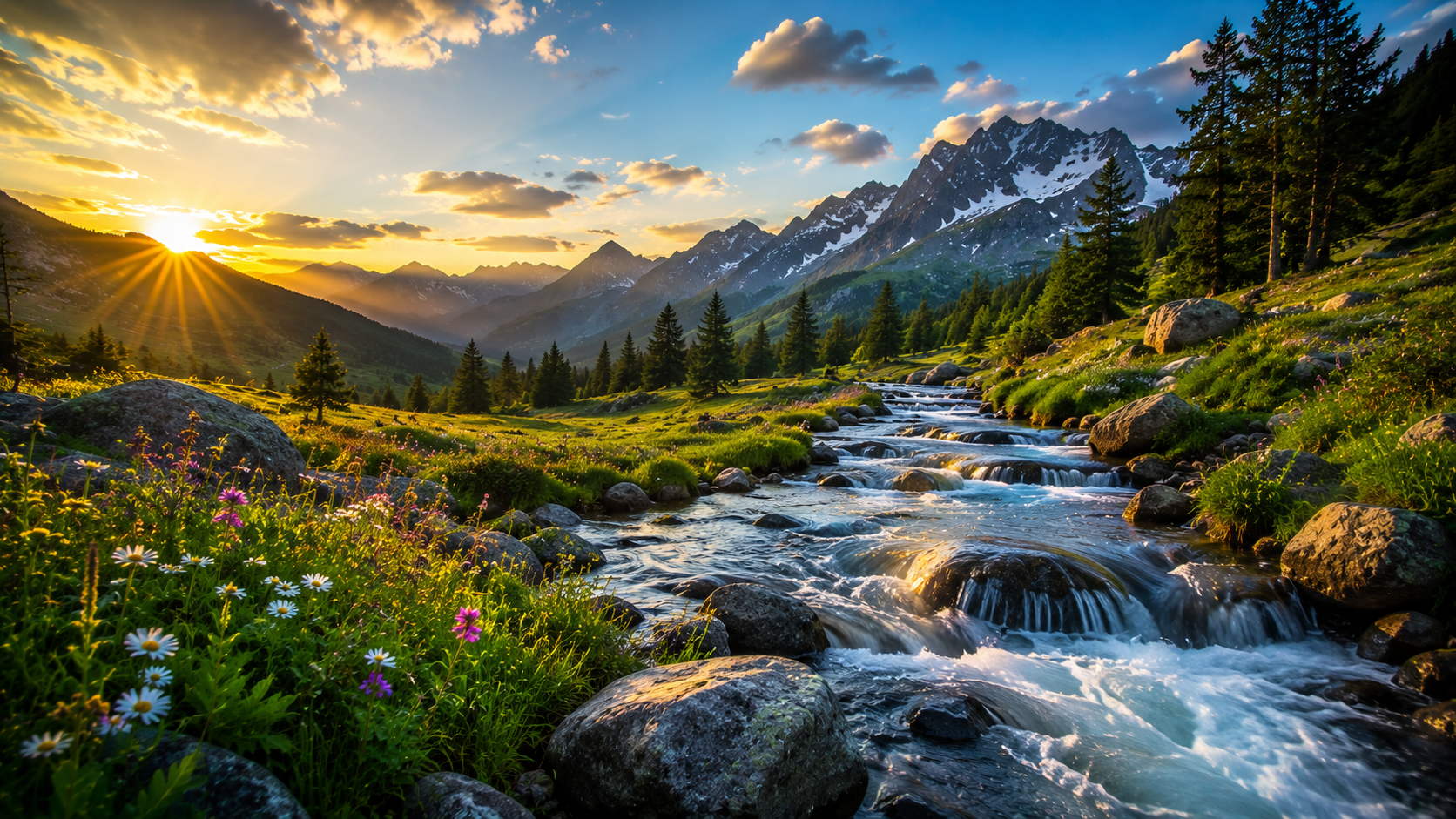 Beautiful Mountain Stream and Alpine Valley at Sunset