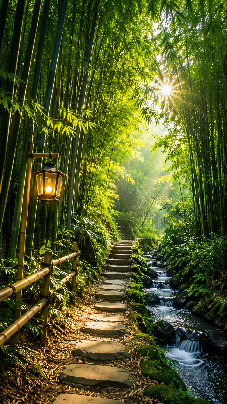 Enchanting Bamboo Forest Trail with Stream and Golden Sunlight