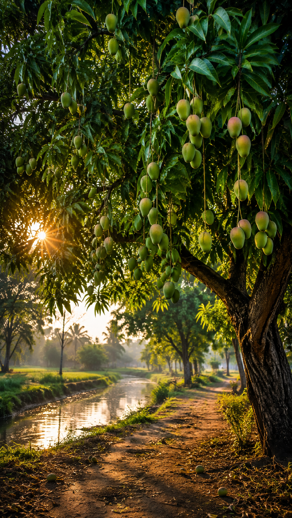 Beautiful Mango Tree Full of Ripe Green Mangoes at Golden Sunrise