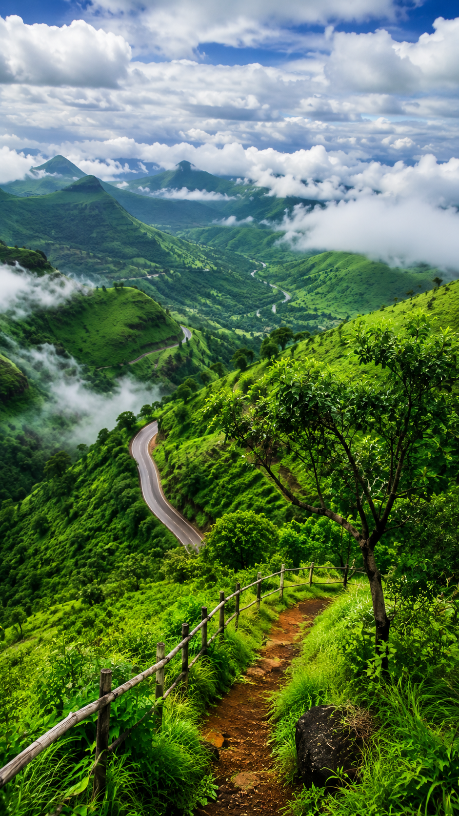 Green Mountain Valley with Winding Road and Misty Clouds
